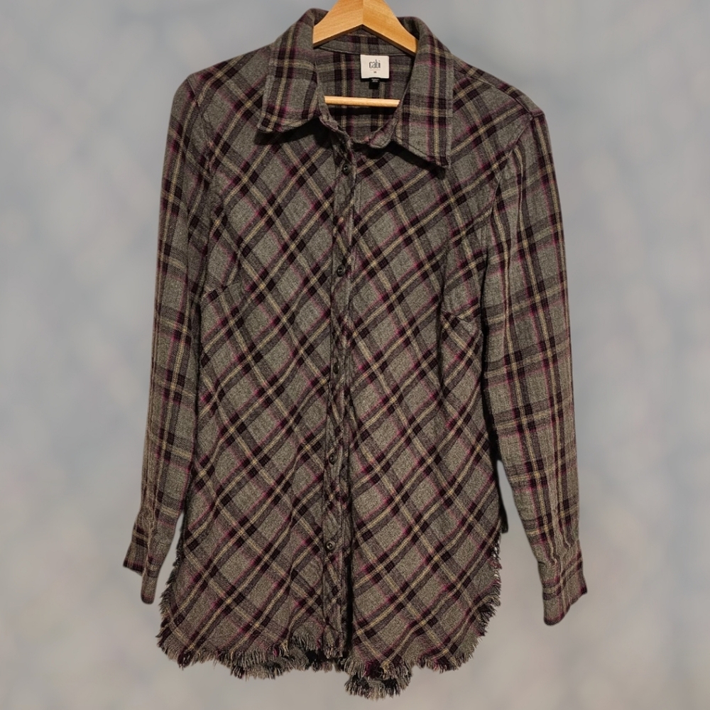 CAbi Flannel Shirt Womens Medium Highland Raw Fray Hemline Gray Purple Plaid
